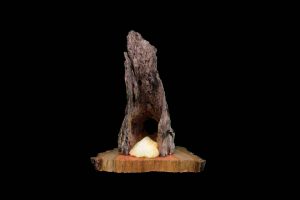 P23B9 - Petrified wood cave with a glowing coal Quartz Crystal light